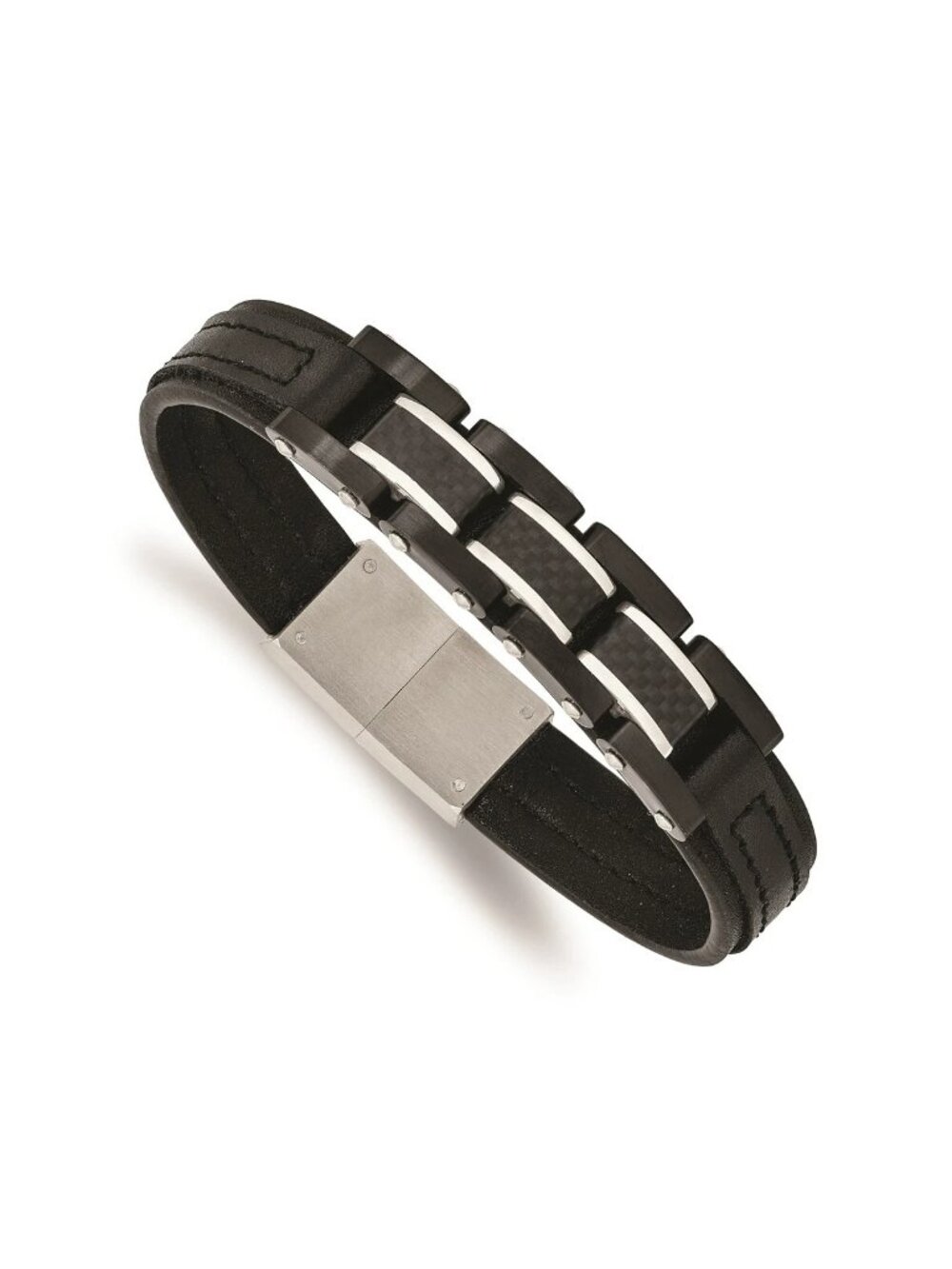 Chisel Black IP Carbon Fiber and Leather Bracelet 8.25 in